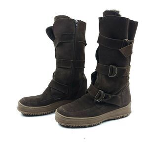 Aquatalia Biker Boots 8 Brown Suede Leather Buckle Edgy Moto Chunky Combat